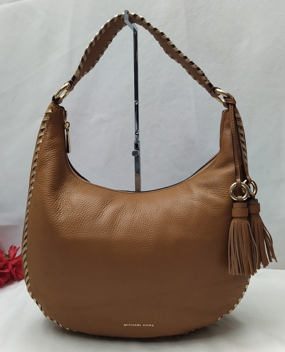 Michael Kors Lauryn Luggage Brown Leather Woven Strap Shoulder Bag
